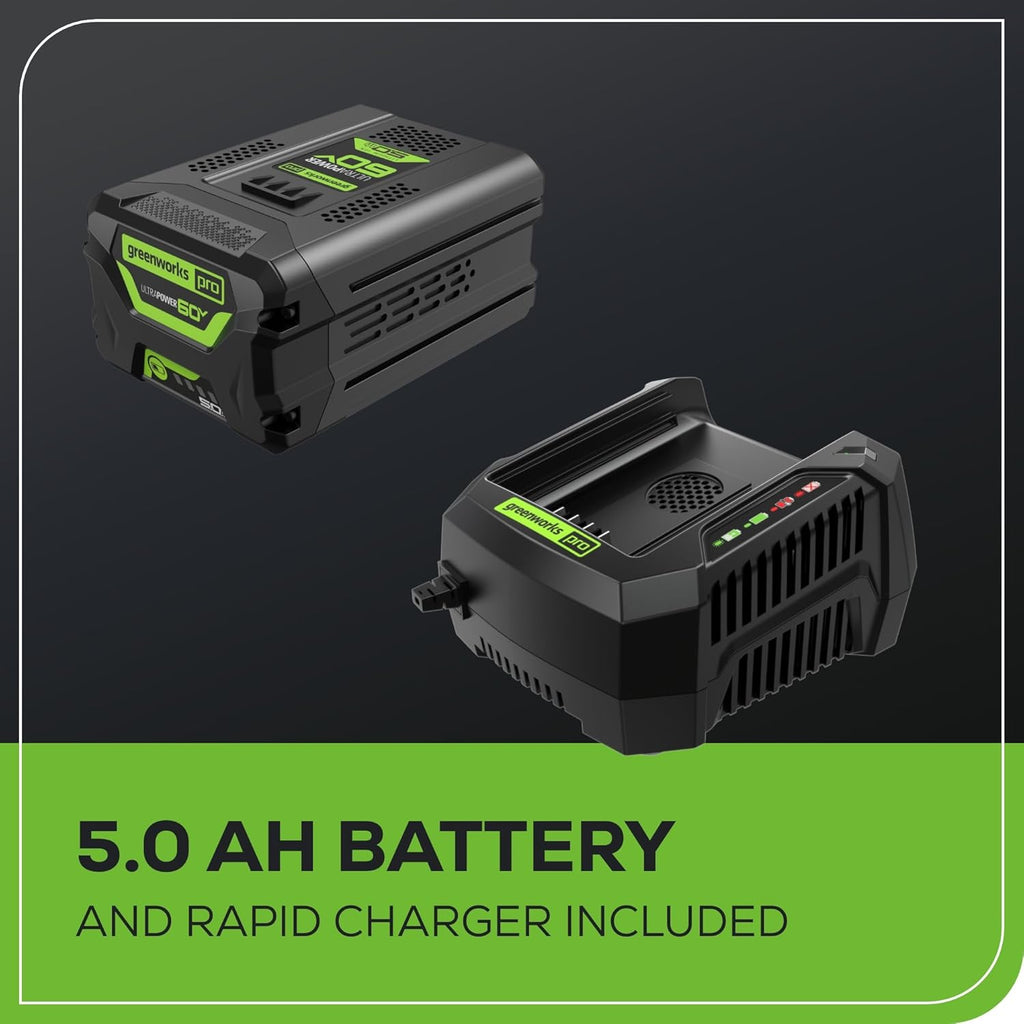 Tondeuse à gazon à gazon sans fil Greenworks 60V 21 (poussée), batterie 5,0 Ah (1/2 acre, chargeur rapide, 4 en 1, lumières LED, IPX4)