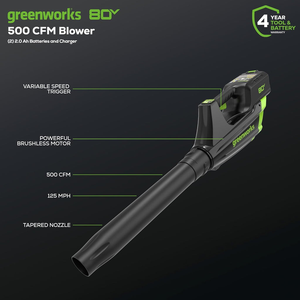 Tondeuse à gazon à gazon électrique sans fil Greenworks 80 V 53 cm (à pousser) + souffleur de feuilles axial (500 CFM) + coupe-bordures 33 cm (75+ outils compatibles) (2) batteries 2,0 Ah et chargeur rapide 30 minutes