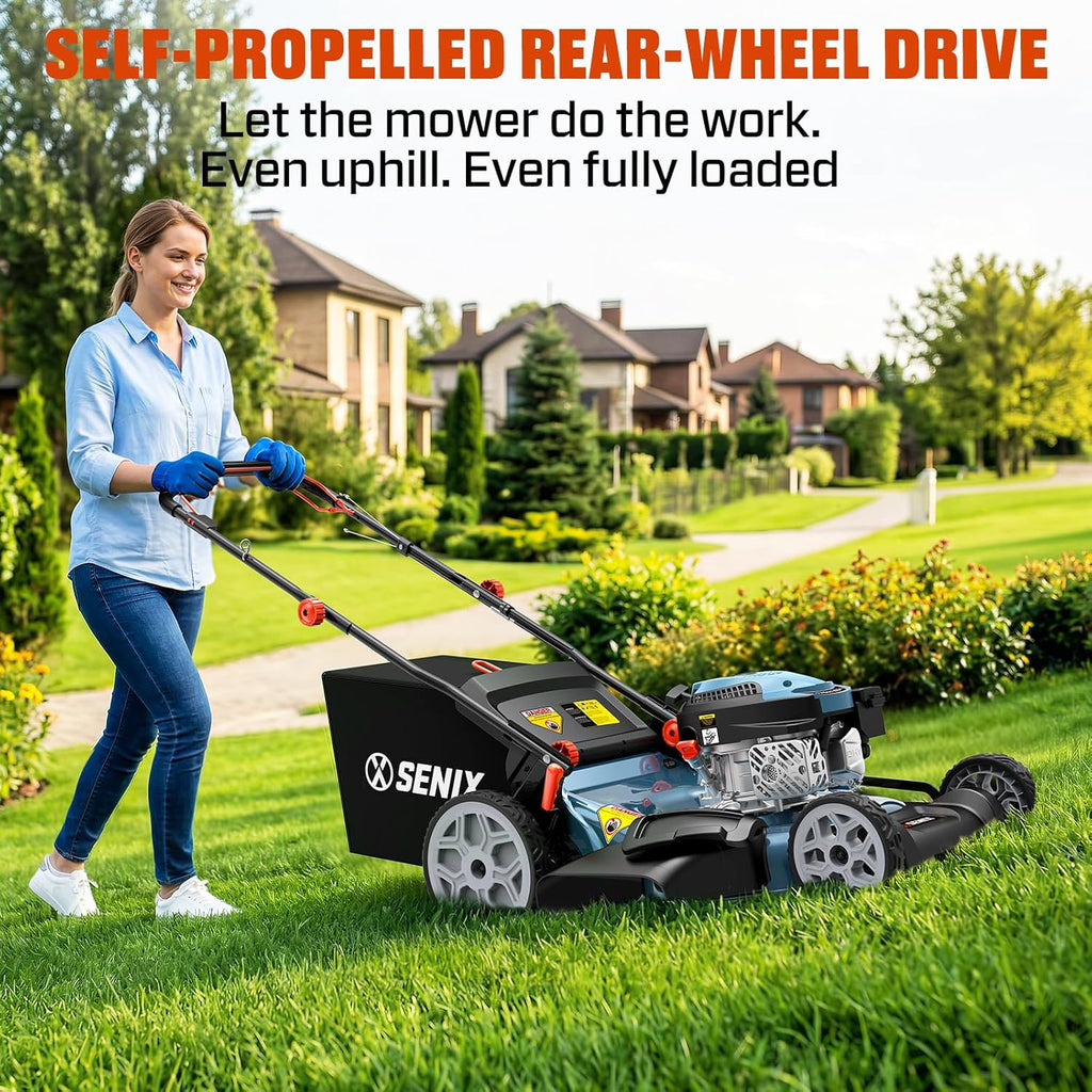 Tondeuse à gazon à gazon à essence SENIX, tondeuse à gazon autotractée de 22 pouces avec moteur OHV 4 temps de 170 cm³, tondeuse à gazon poussée 3 en 1, réglage de la hauteur de coupe sur 6 positions