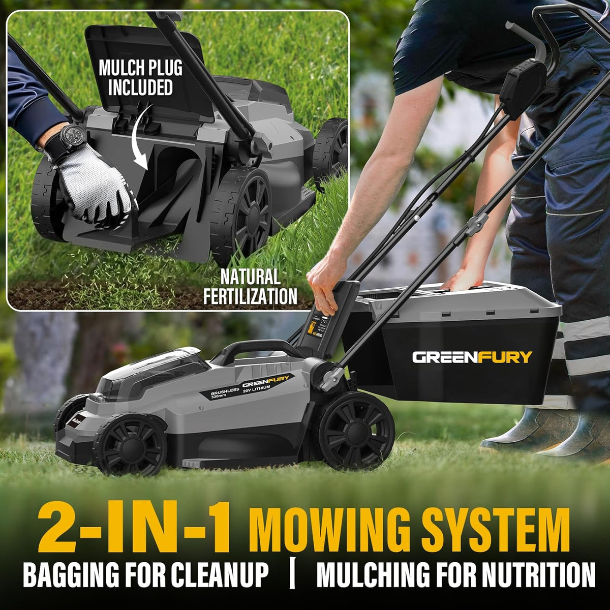 Tondeuse à gazon à gazon sans fil de 33 cm (13 pouces), compatible avec la batterie Dewalt 20V MAX, tondeuse électrique sans balais avec bac de ramassage de 30 litres (8 gallons), réglage de la hauteur de coupe sur 5 niveaux, pour petits jardins (bat