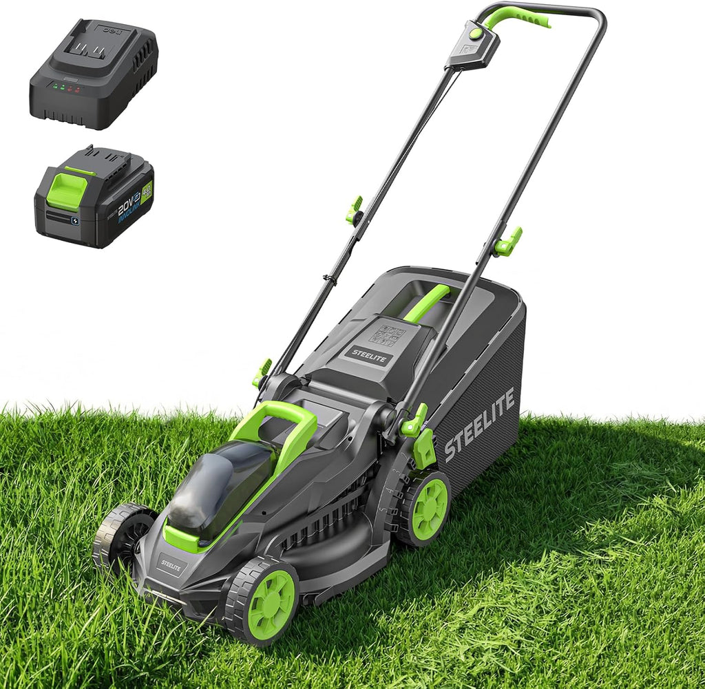 Tondeuse à gazon à gazon électrique sans fil STEELITE 13 pouces, tondeuse à pousser à batterie sans balais 21 V avec batterie 4,0 Ah et chargeur, réglage de la hauteur de coupe sur 5 positions, sac de ramassage de 8 gallons
