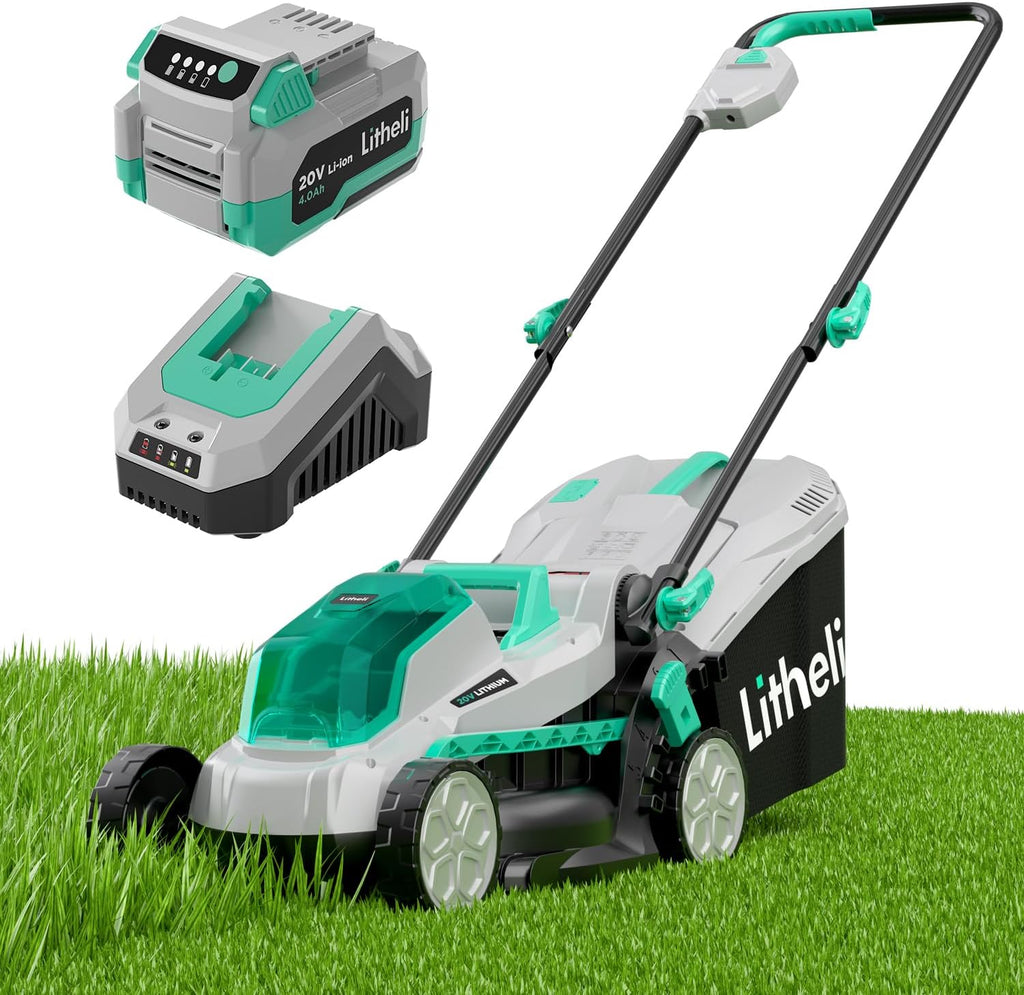 Tondeuse à gazon à gazon sans fil Litheli 33 cm (13 pouces), 5 hauteurs de coupe, 20 V, idéale pour le jardin, la cour et la ferme. Moteur sans balais, batterie 4,0 Ah et chargeur inclus.