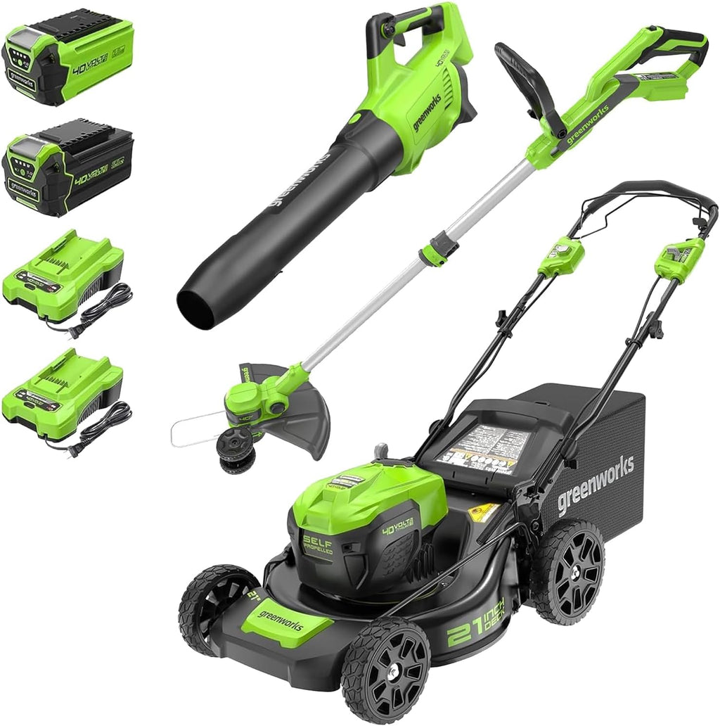 Tondeuse à gazon à gazon autotractée Greenworks 40V 21, souffleur de feuilles axial (500 CFM / 120 MPH), coupe-bordures 13 pouces avec 2 batteries (5 Ah + 2 Ah) et chargeurs