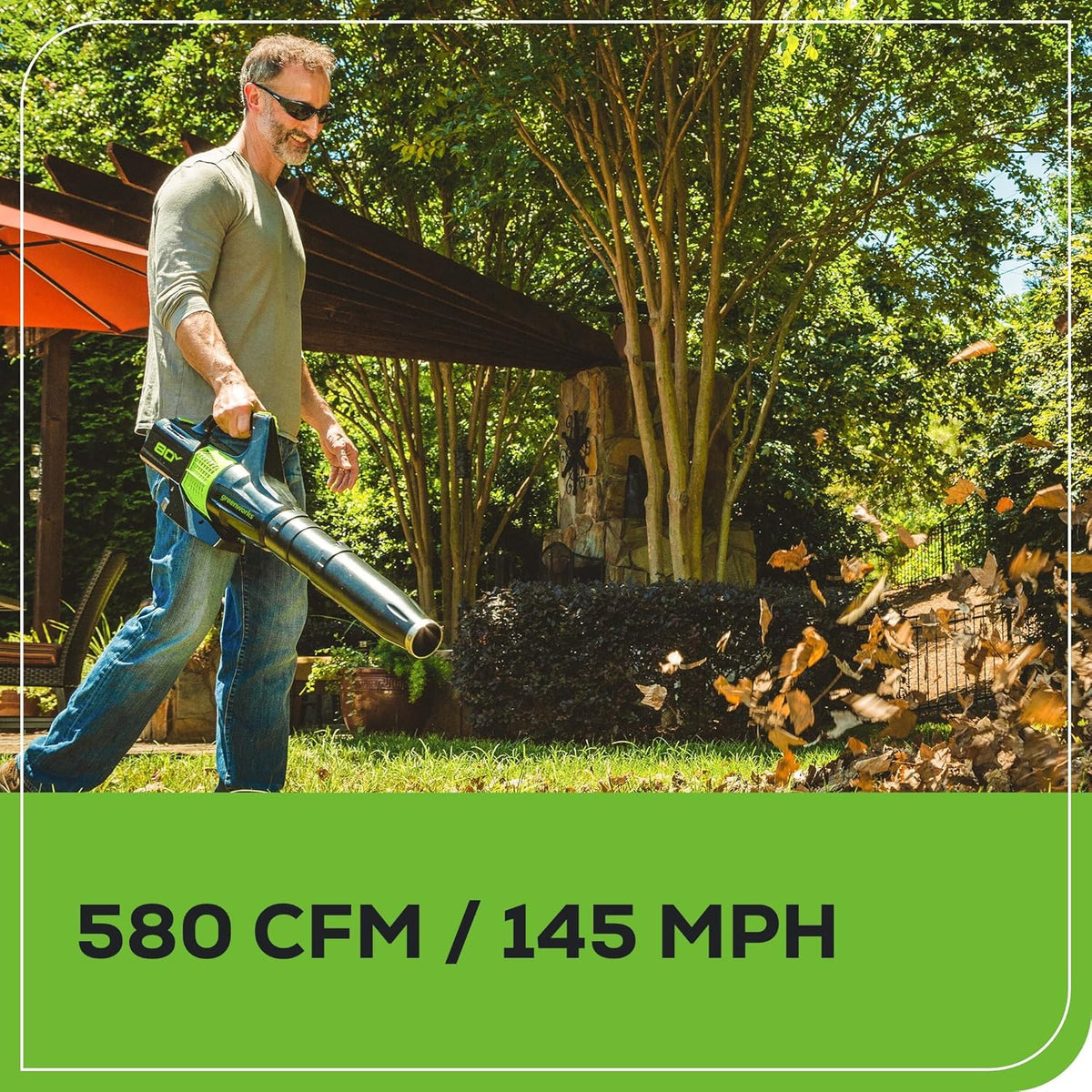 Tondeuse à gazon à gazon électrique sans fil Greenworks 80 V 53 cm (autotractée) + souffleur de feuilles axial (580 CFM) (plus de 75 outils compatibles), batterie 4,0 Ah et chargeur rapide 60 minutes, vert et noir