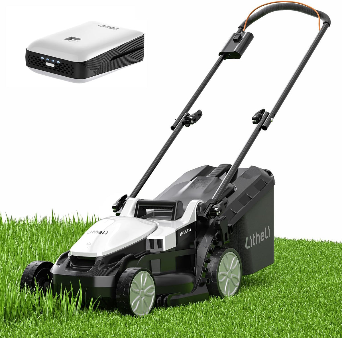 Tondeuse à gazon à gazon électrique sans fil Litheli, idéale pour les pelouses jusqu'à 150 m² (1600 pi²). Moteur sans balais, largeur de coupe de 33 cm (13 po), capacité du réservoir de 30 litres (8 gallons), hauteur de coupe réglable de 2,5 à 6,5 cm