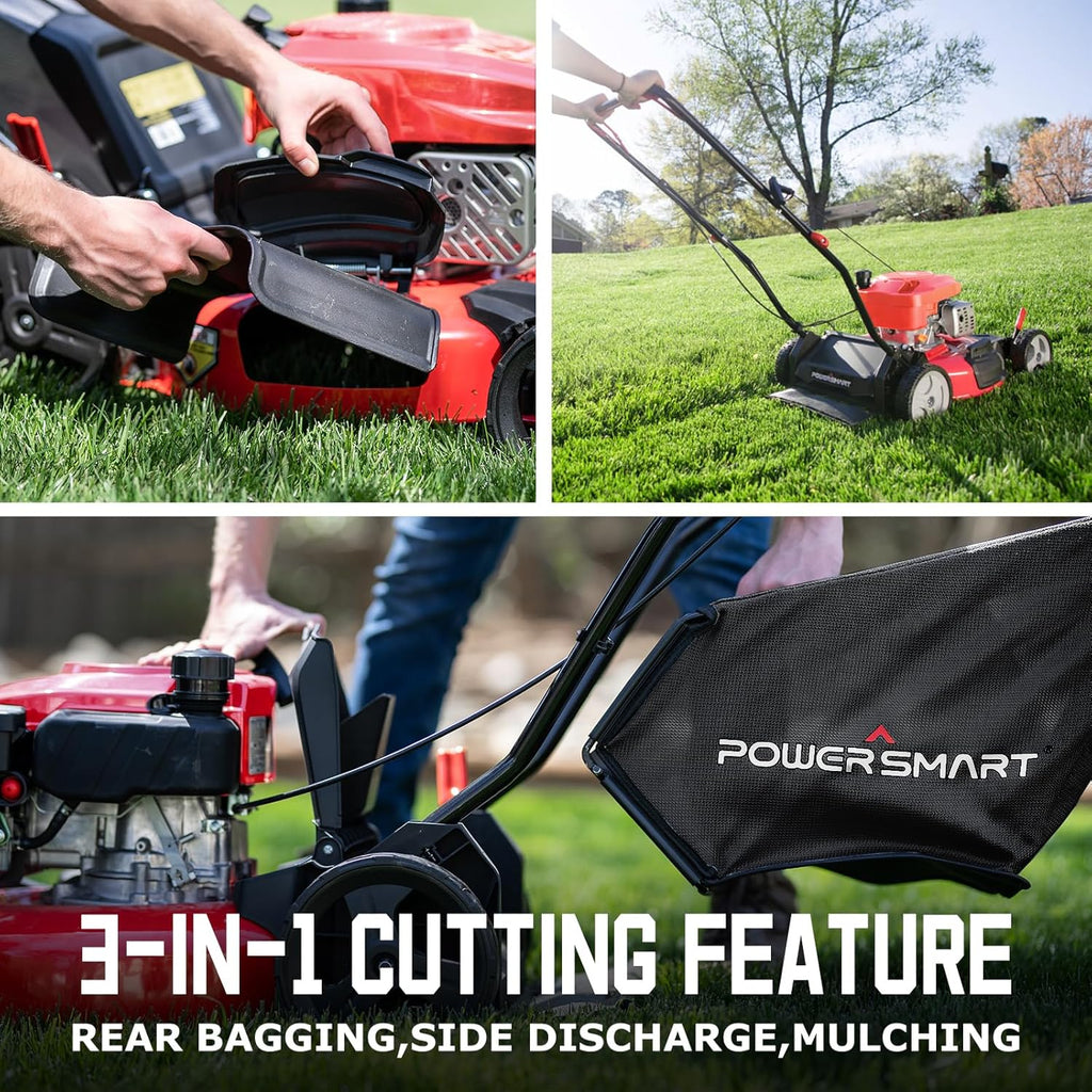 Tondeuse à gazon à gazon autoportée PowerSmart 18 po, moteur OHV 144 cm³, 3 en 1, à essence, avec réglage de la hauteur et sac de mulching.