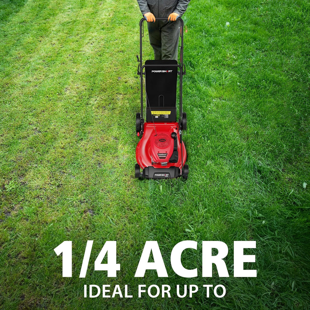 Tondeuse à gazon à gazon poussée PowerSmart 21 2 en 1, moteur 144 cm3, mulching, ramassage, grandes roues, légère et facile à monter, 6 hauteurs de coupe, idéale pour le jardin.
