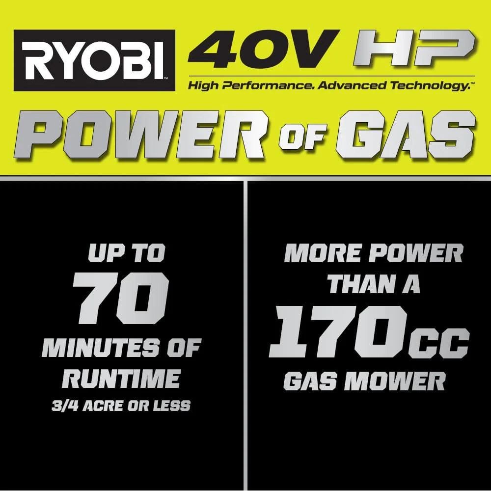 Tondeuse à gazon à gazon autotractée Ryobi Whisper Series 40 V HP sans balais de 53 cm (21 po) avec 4 roues motrices et moteur brushless. Comprend (2) batteries de 6,0 Ah et un chargeur.