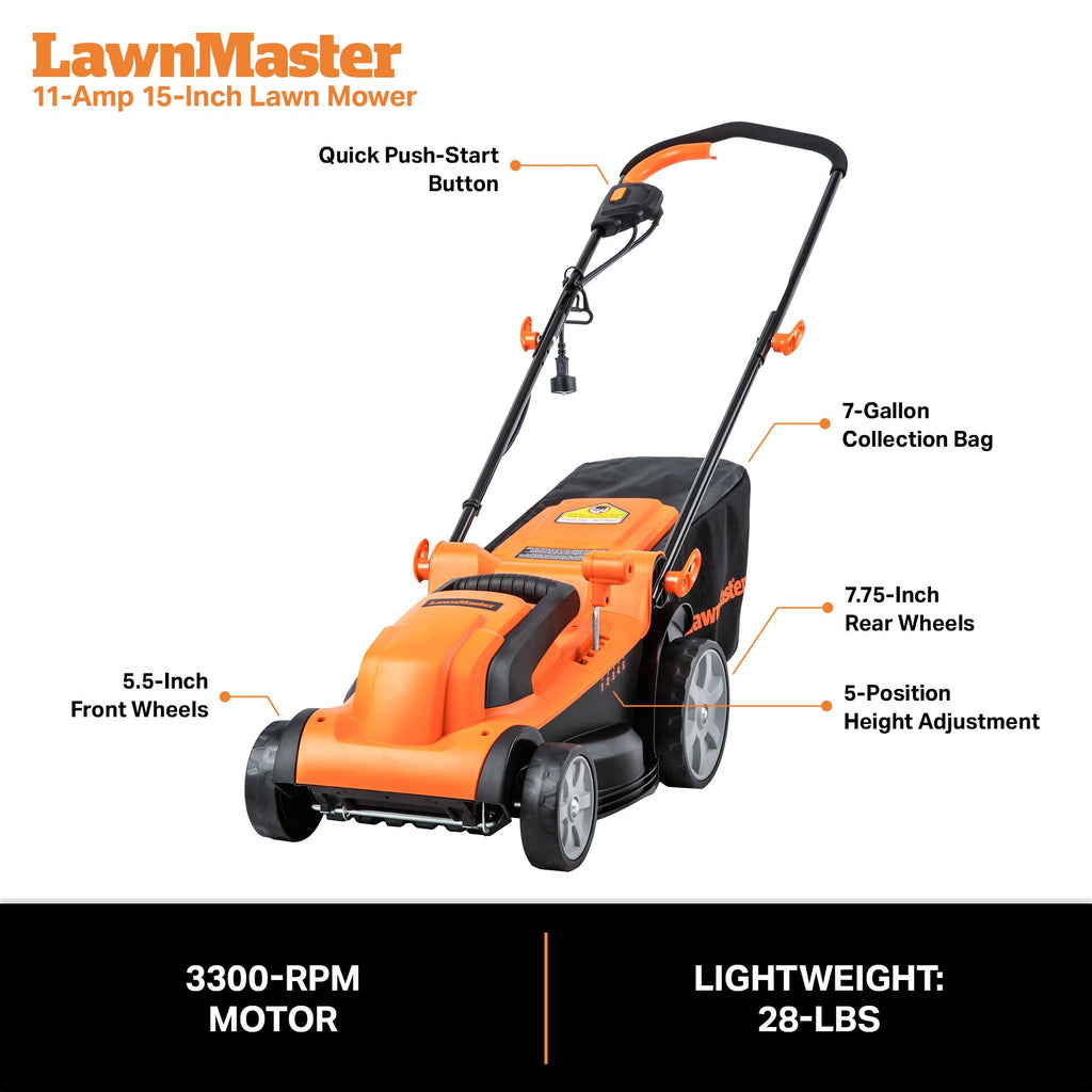Tondeuse à gazon à gazon électrique LAWNMASTER MEB1114K, 15 pouces, 11 A