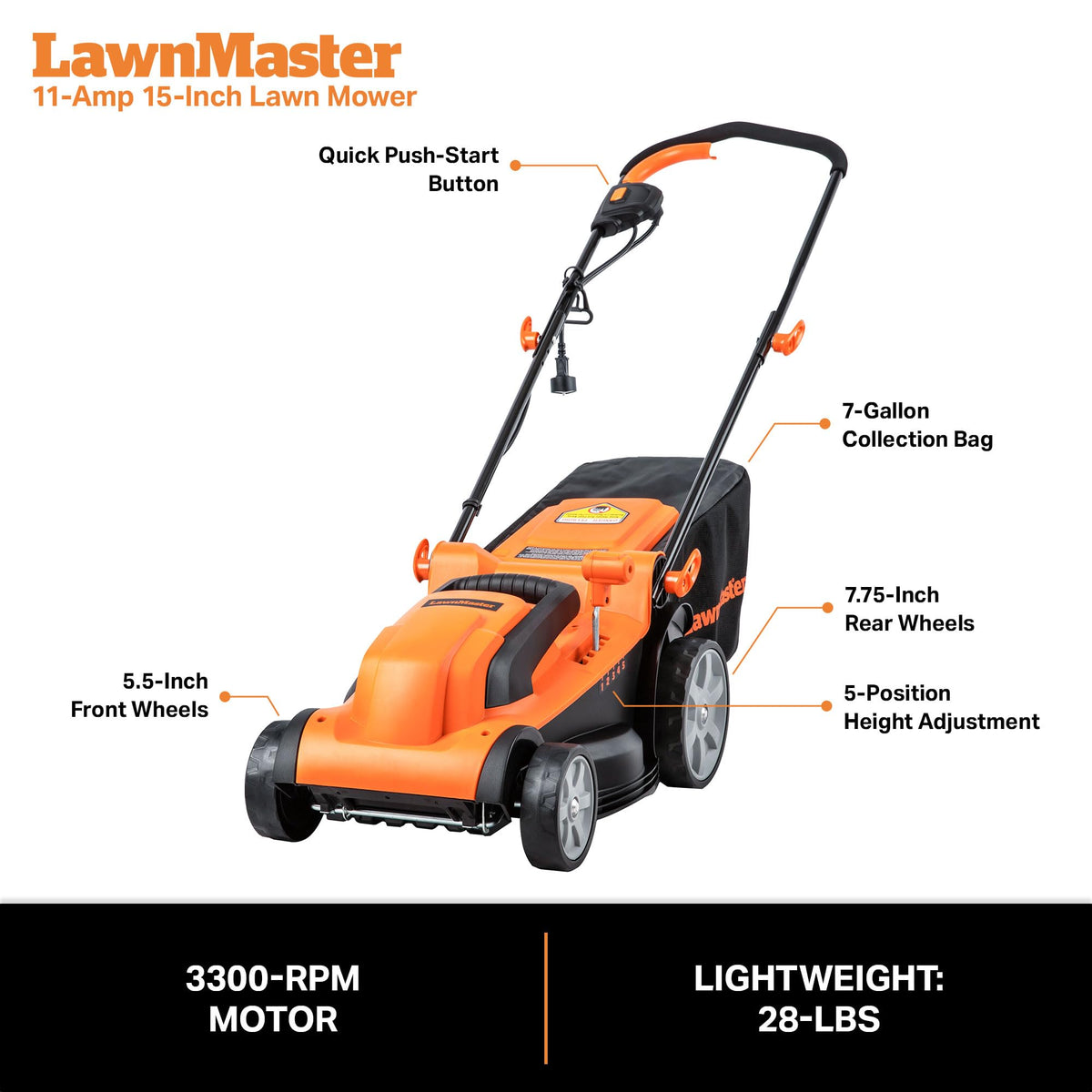 Tondeuse à gazon à gazon électrique LAWNMASTER MEB1114K, 15 pouces, 11 A
