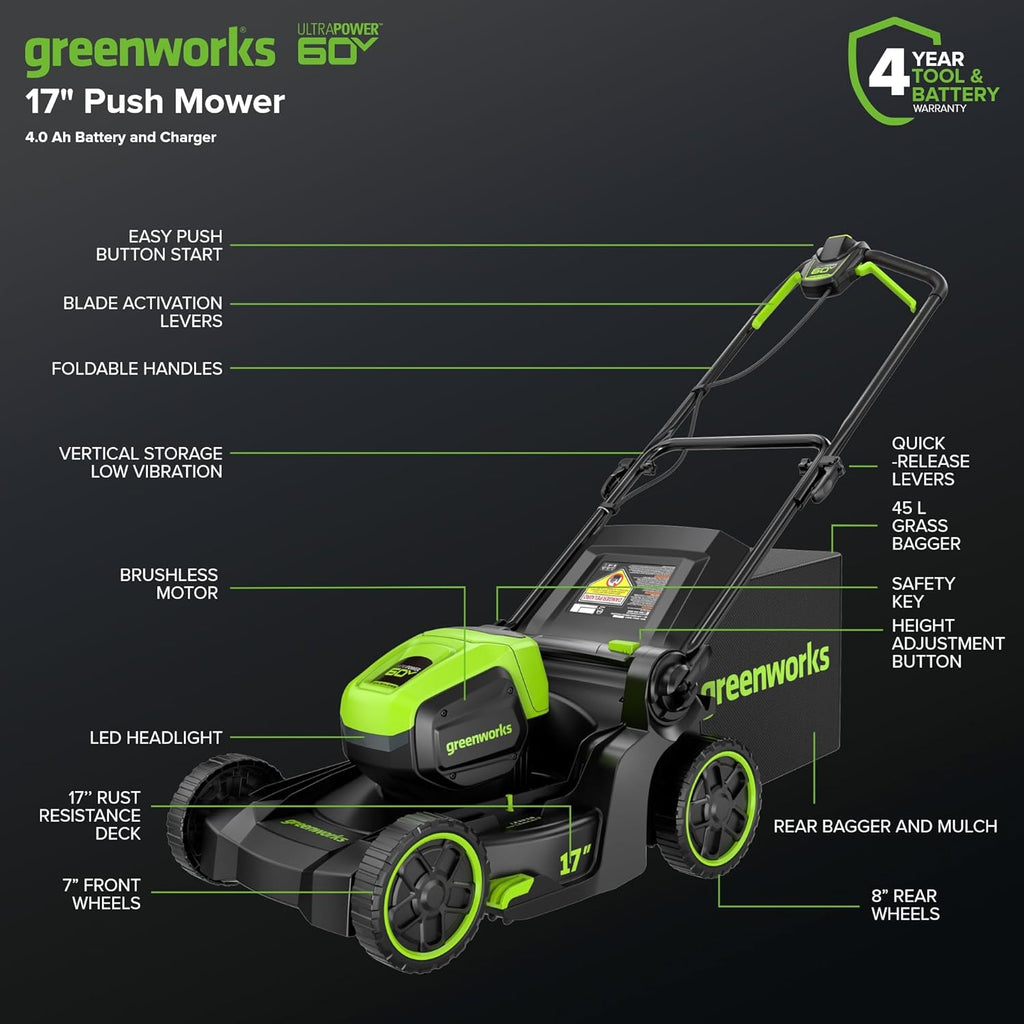 Tondeuse à gazon à gazon sans fil Greenworks 60V 17" sans balais, 2 en 1, mulching/ramassage, batterie 4,0 Ah et chargeur 3 A (autonomie de 40 min)