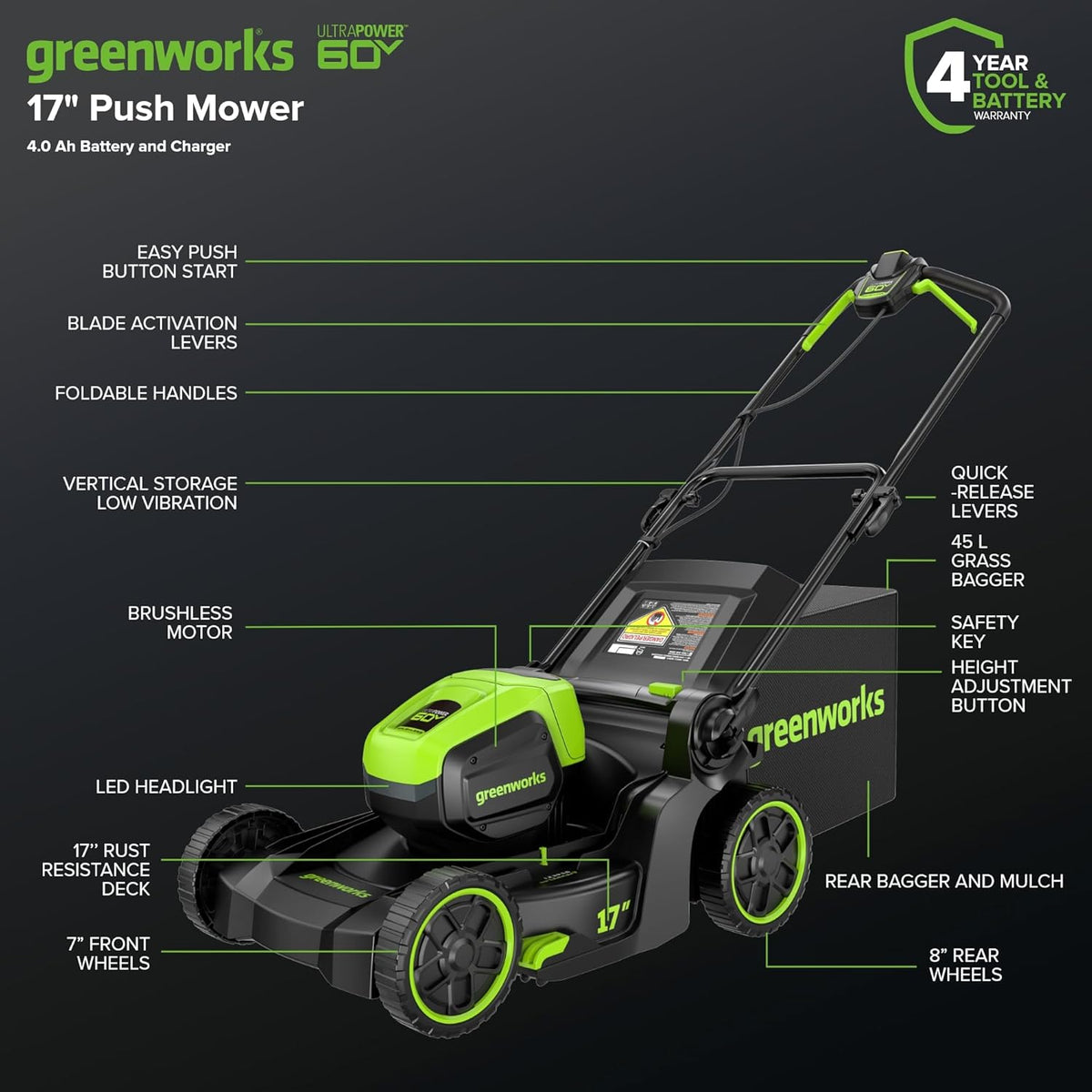 Tondeuse à gazon à gazon sans fil Greenworks 60V 17" sans balais, 2 en 1, mulching/ramassage, batterie 4,0 Ah et chargeur 3 A (autonomie de 40 min)