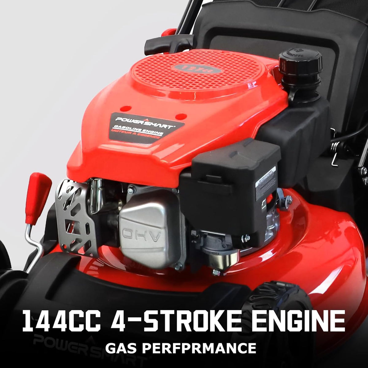 Tondeuse à gazon à gazon autoportée PowerSmart 18 po, moteur OHV 144 cm³, 3 en 1, à essence, avec réglage de la hauteur et sac de mulching.