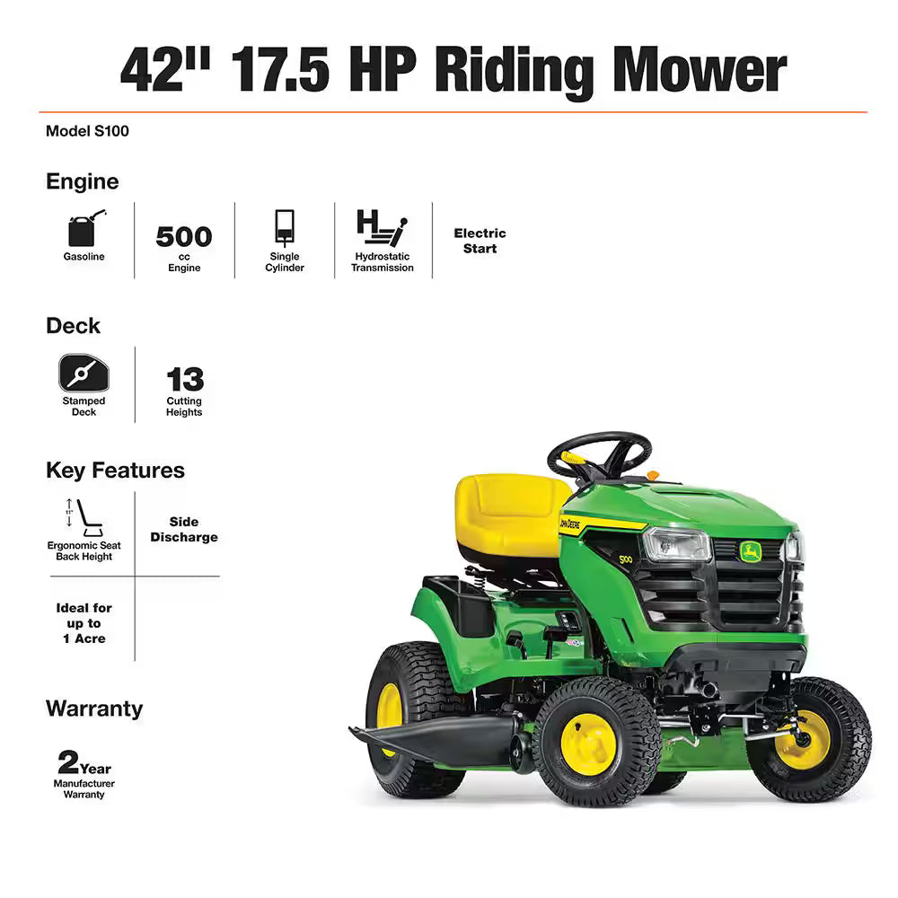 Tondeuse à gazon autoportée John Deere S100 de 107 cm (42 po) à essence, 17,5 CV, transmission hydrostatique
