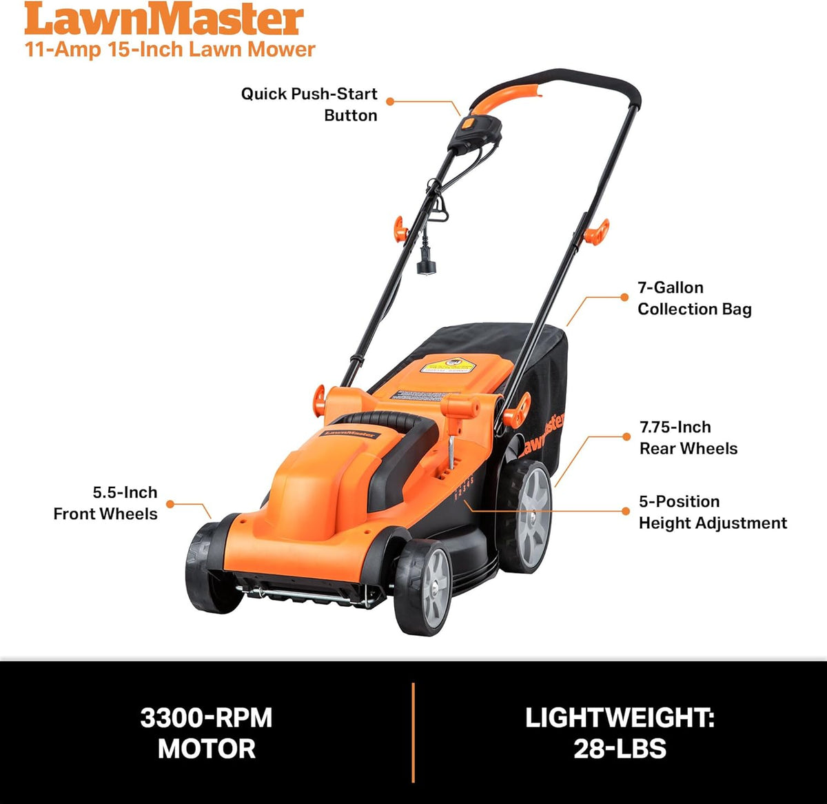 Tondeuse à gazon à gazon électrique filaire LawnMaster MEB1114K, 15 pouces, 11 A