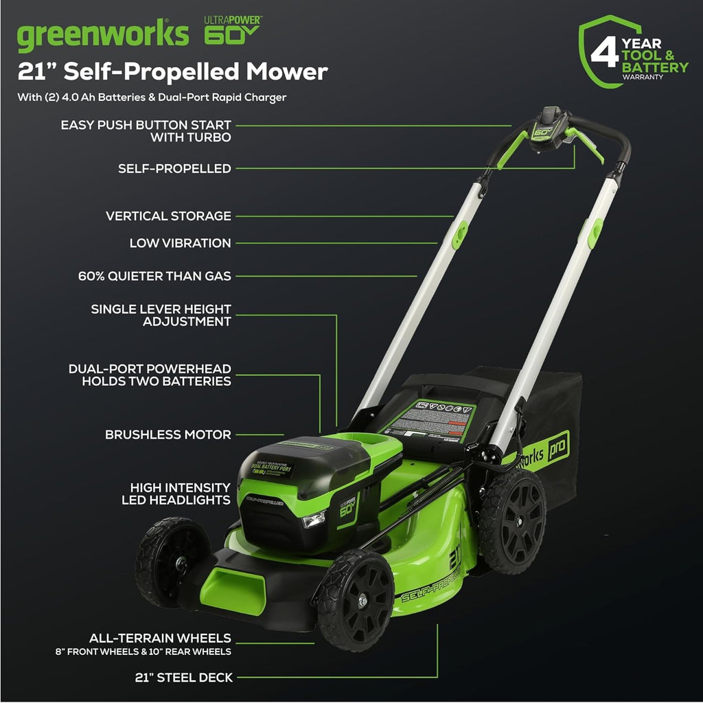 Tondeuse à gazon à gazon sans fil autotractée Greenworks 60V 21 avec moteur sans balais et éclairage LED. Comprend 2 batteries de 4,0 Ah et un chargeur rapide à double port (compatible avec plus de 75 outils, autonomie de 45 minutes).