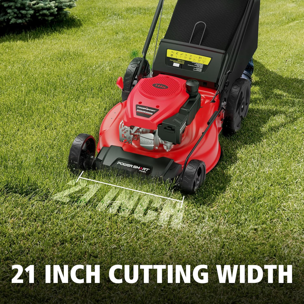 Tondeuse à gazon à gazon poussée PowerSmart 21 2 en 1, moteur 144 cm3, mulching, ramassage, grandes roues, légère et facile à monter, 6 hauteurs de coupe, idéale pour le jardin.