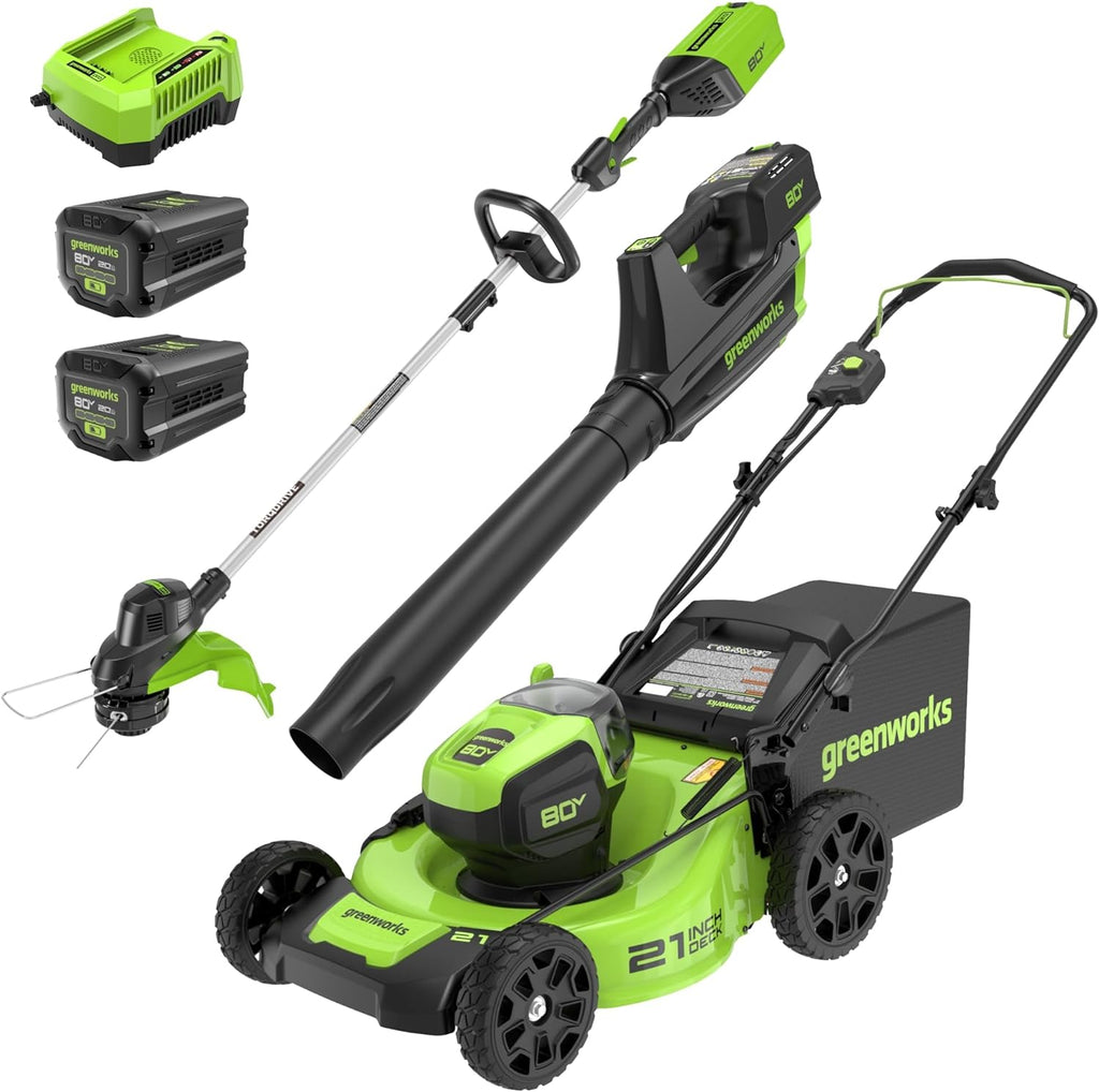 Tondeuse à gazon à gazon électrique sans fil Greenworks 80 V 53 cm (à pousser) + souffleur de feuilles axial (500 CFM) + coupe-bordures 33 cm (75+ outils compatibles) (2) batteries 2,0 Ah et chargeur rapide 30 minutes