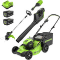 Tondeuse à gazon à gazon électrique sans fil Greenworks 80 V 53 cm (à pousser) + souffleur de feuilles axial (500 CFM) + coupe-bordures 33 cm (75+ outils compatibles) (2) batteries 2,0 Ah et chargeur rapide 30 minutes