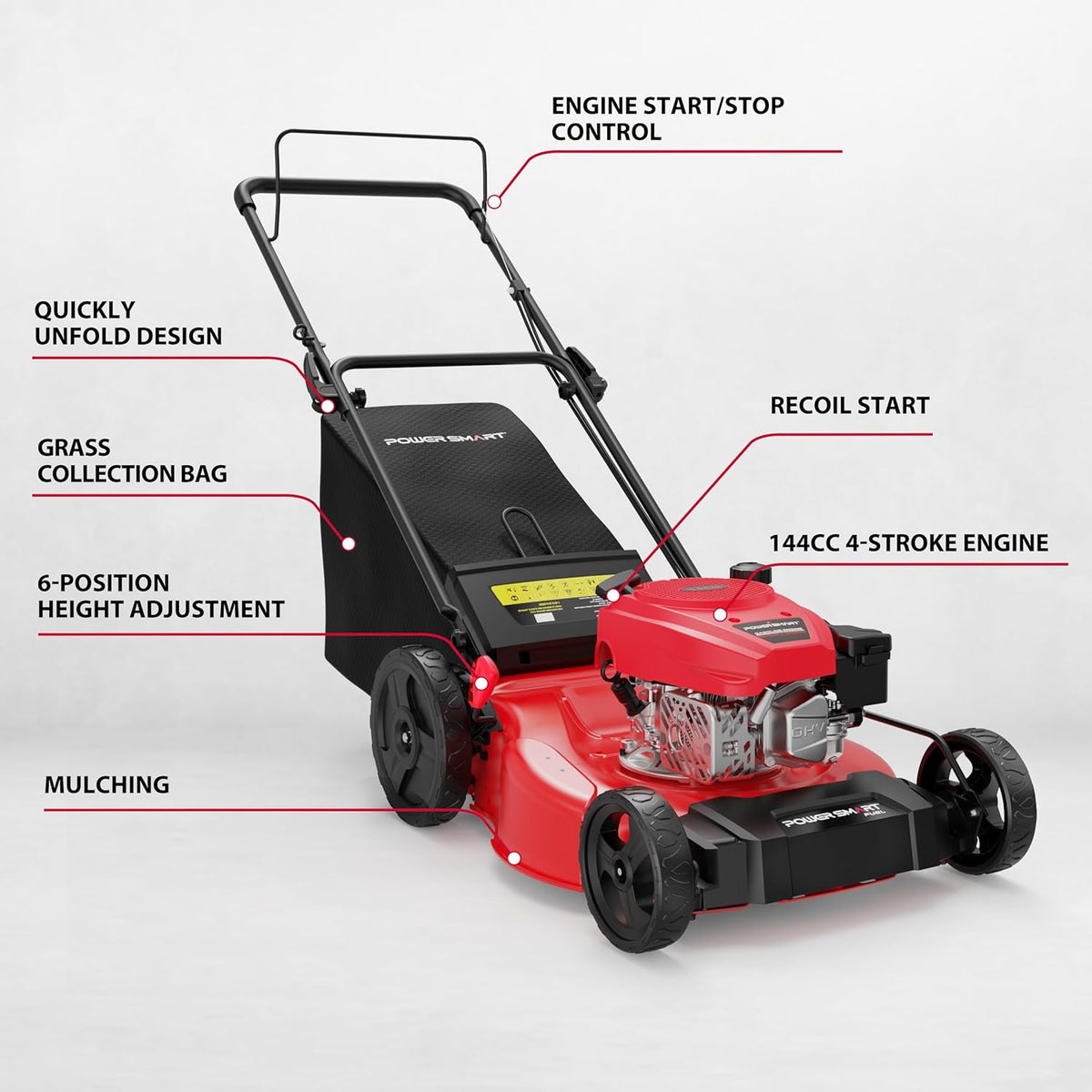 Tondeuse à gazon à gazon poussée PowerSmart 21 2 en 1, moteur 144 cm3, mulching, ramassage, grandes roues, légère et facile à monter, 6 hauteurs de coupe, idéale pour le jardin.
