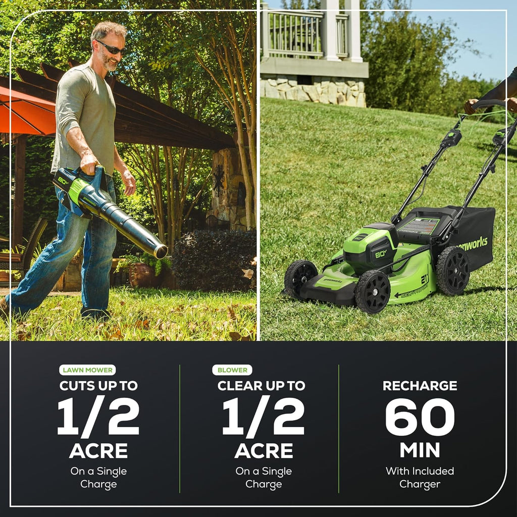 Tondeuse à gazon à gazon électrique sans fil Greenworks 80 V 53 cm (autotractée) + souffleur de feuilles axial (580 CFM) (plus de 75 outils compatibles), batterie 4,0 Ah et chargeur rapide 60 minutes, vert et noir