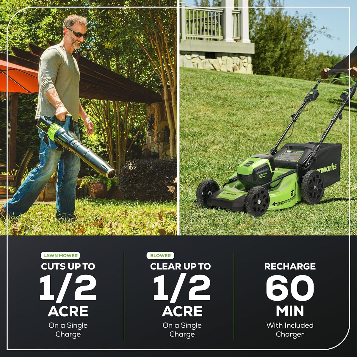 Tondeuse à gazon à gazon électrique sans fil Greenworks 80 V 53 cm (autotractée) + souffleur de feuilles axial (580 CFM) (plus de 75 outils compatibles), batterie 4,0 Ah et chargeur rapide 60 minutes, vert et noir