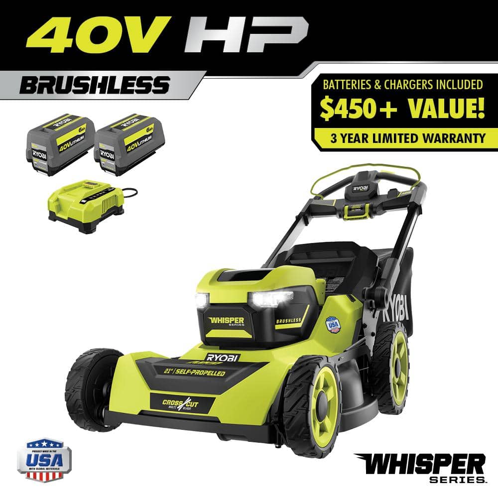 Tondeuse à gazon à gazon autotractée Ryobi Whisper Series 40 V HP sans balais de 53 cm (21 po) avec 4 roues motrices et moteur brushless. Comprend (2) batteries de 6,0 Ah et un chargeur.