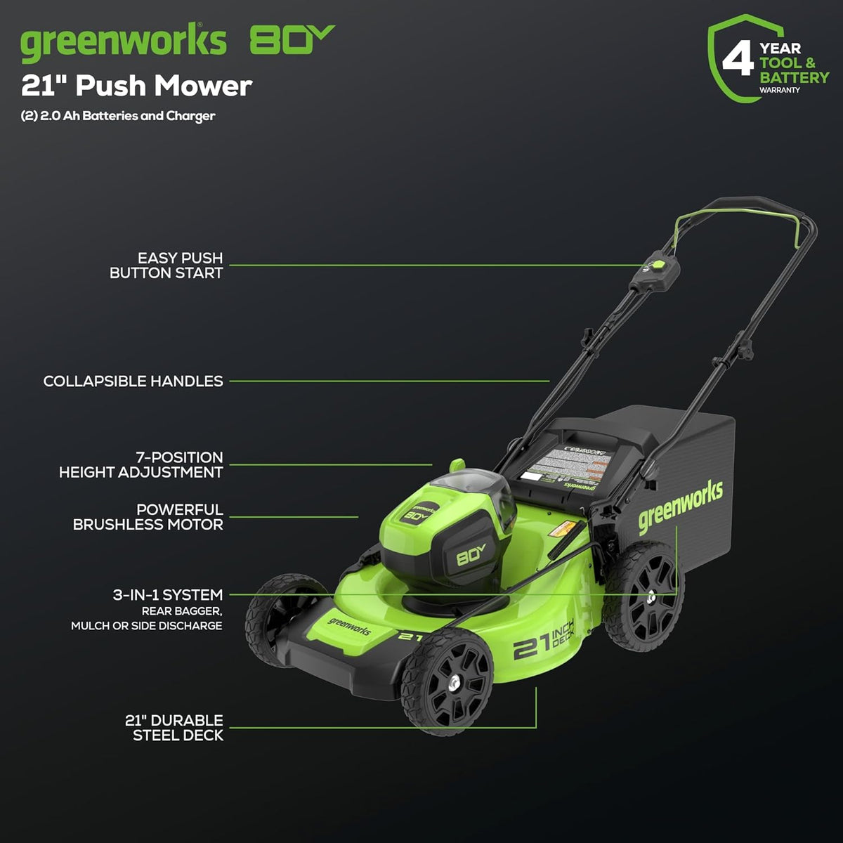 Tondeuse à gazon à gazon électrique sans fil Greenworks 80 V 53 cm (à pousser) + souffleur de feuilles axial (500 CFM) + coupe-bordures 33 cm (75+ outils compatibles) (2) batteries 2,0 Ah et chargeur rapide 30 minutes