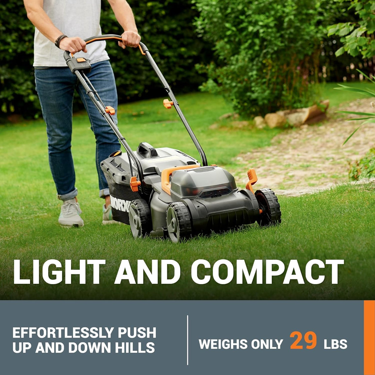 Tondeuse à gazon à gazon sans fil WORX 14 2 en 1 : tondeuse électrique silencieuse, compacte et légère, avec réglage de la hauteur de coupe sur 6 positions pour les petits jardins. 2 batteries et un chargeur inclus. WG779
