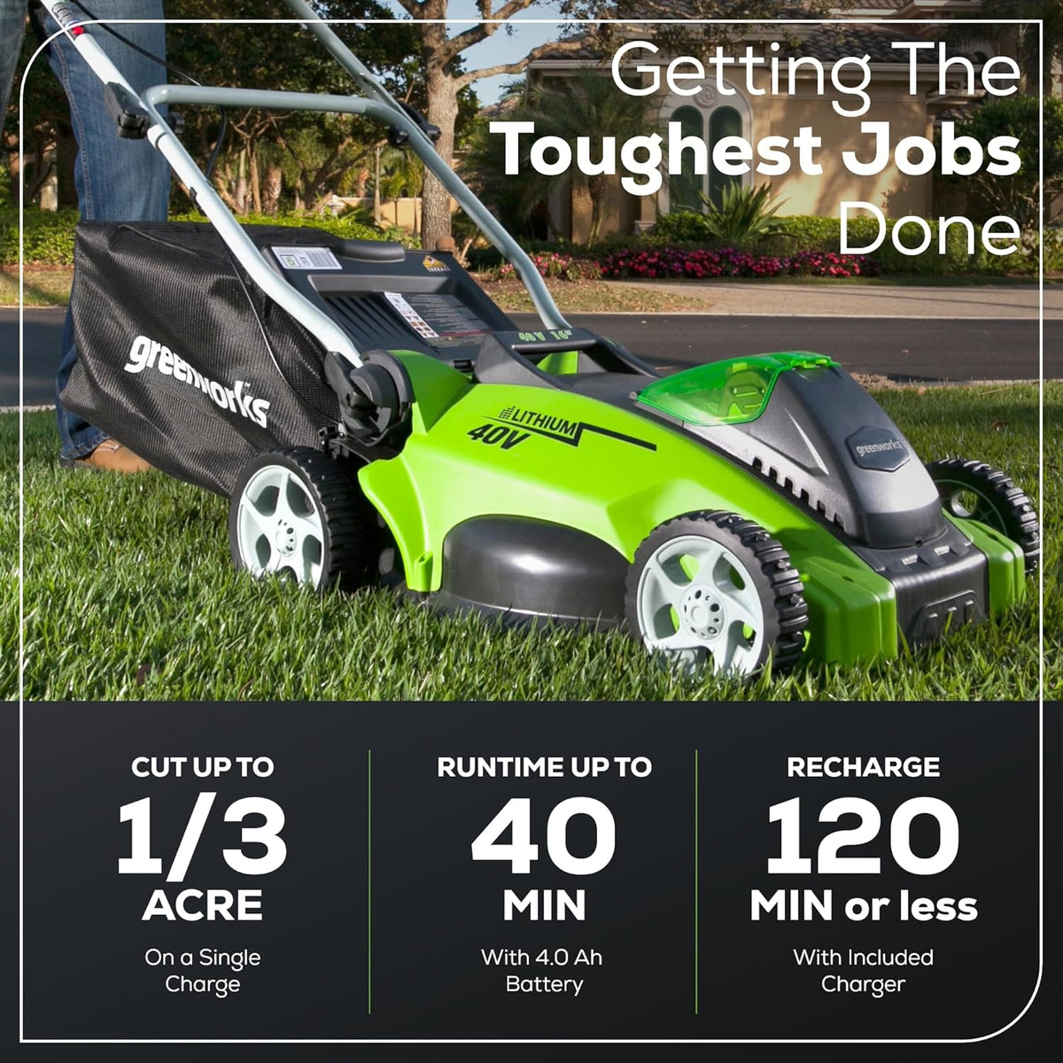 Tondeuse à gazon à gazon sans fil Greenworks 40V 16" ultra-légère à pousser avec batterie 4,0 Ah et chargeur (compatible avec plus de 75 outils, autonomie de 45 minutes)