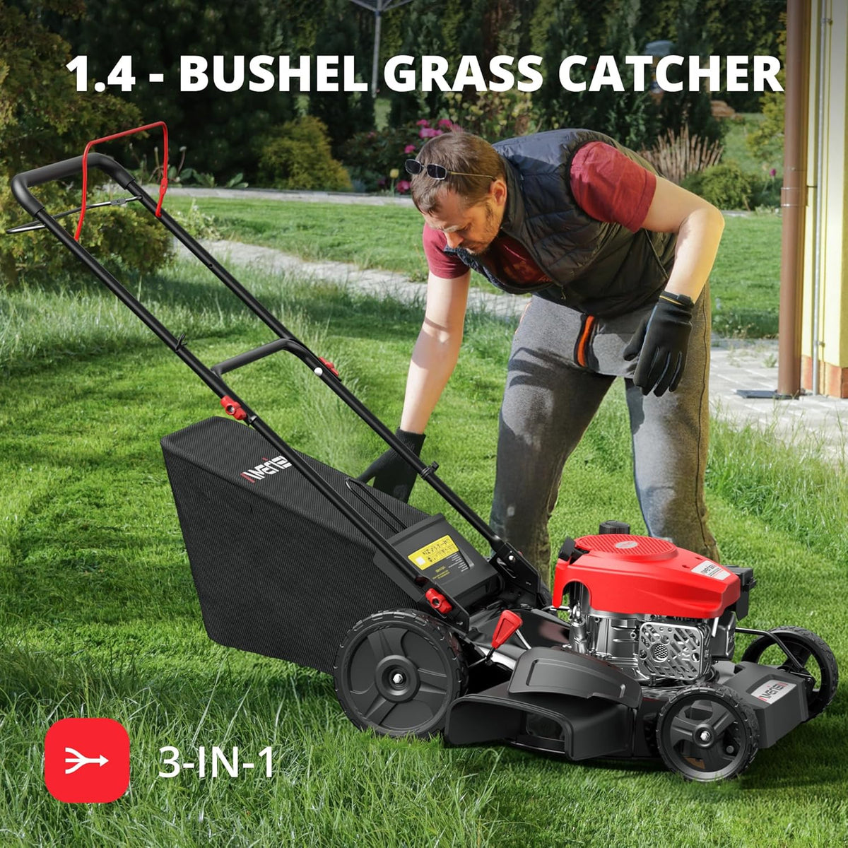 Tondeuse à gazon à gazon autotractée Amerisun 21, moteur OHV 170 cm³ avec refroidissement par air forcé, système 3 en 1, carter en acier, réglage de la hauteur de coupe sur 6 positions, poignée pliable