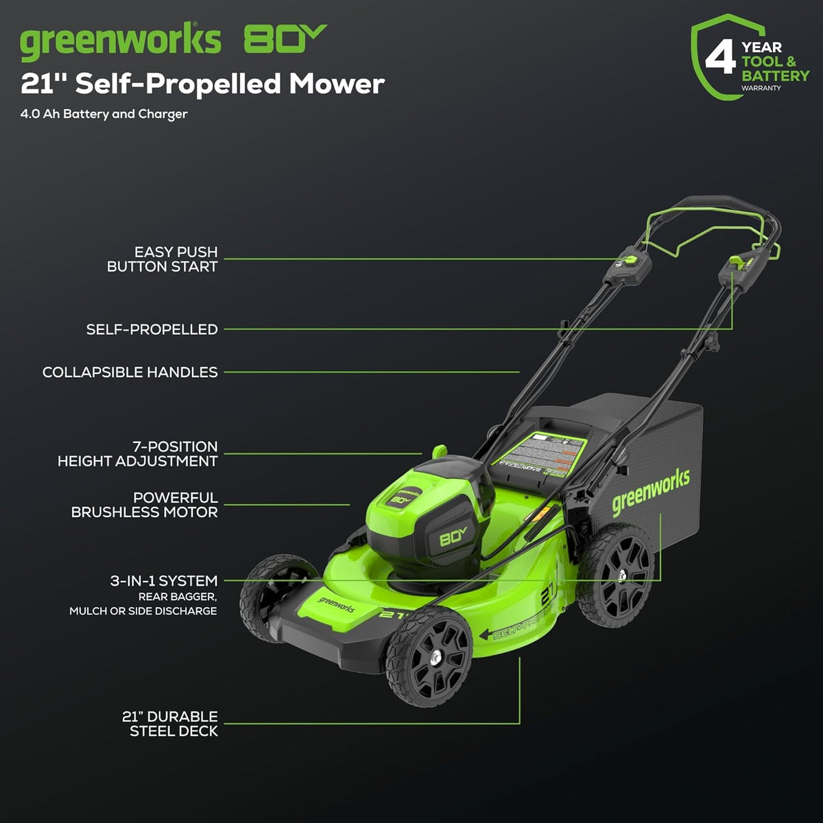 Tondeuse à gazon à gazon électrique sans fil Greenworks 80 V 53 cm (autotractée) + souffleur de feuilles axial (580 CFM) (plus de 75 outils compatibles), batterie 4,0 Ah et chargeur rapide 60 minutes, vert et noir