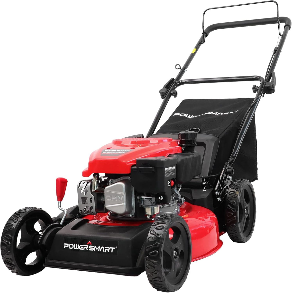 Tondeuse à gazon à gazon autoportée PowerSmart 18 po, moteur OHV 144 cm³, 3 en 1, à essence, avec réglage de la hauteur et sac de mulching.