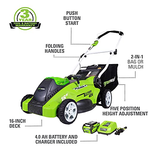 Tondeuse à gazon à gazon électrique sans fil Greenworks 40V 16, batterie 4,0 Ah et chargeur inclus