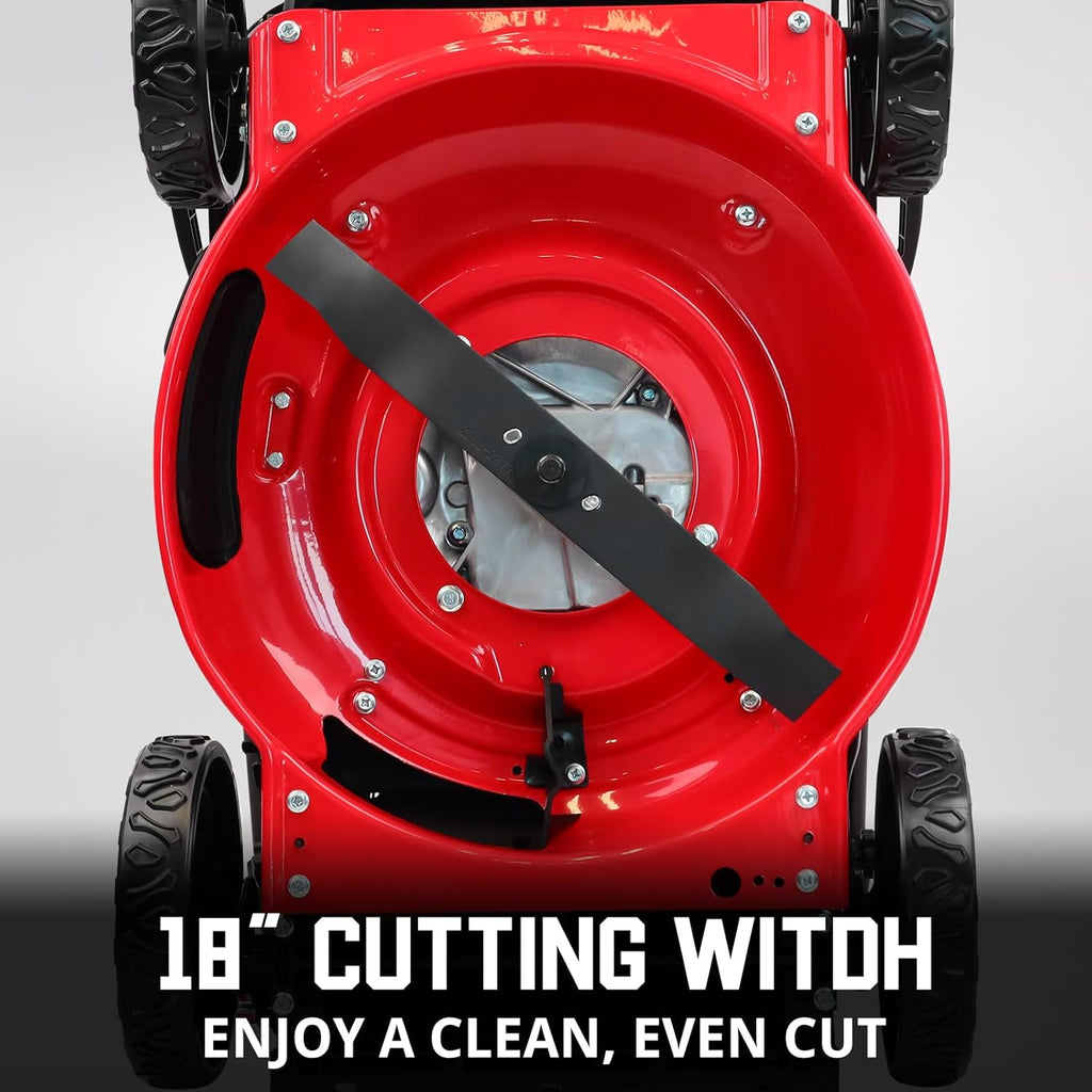 Tondeuse à gazon à gazon autoportée PowerSmart 18 po, moteur OHV 144 cm³, 3 en 1, à essence, avec réglage de la hauteur et sac de mulching.