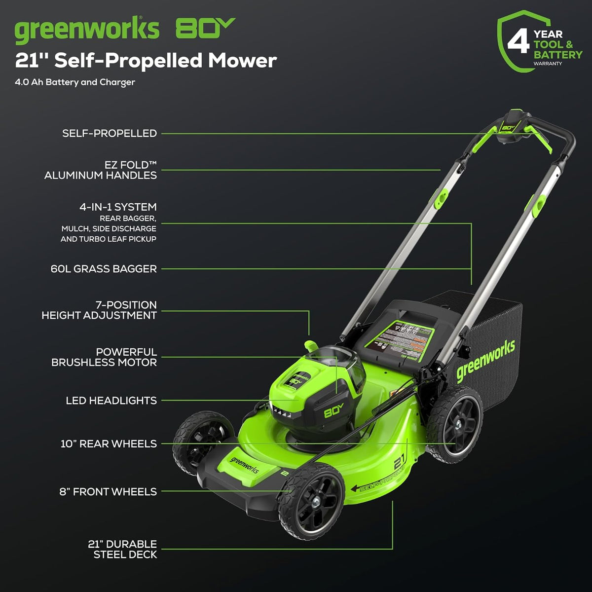 Tondeuse à gazon à gazon sans fil autotractée Greenworks 80V 21 – Moteur sans balais, éclairage LED, batterie 4,0 Ah et chargeur rapide (plus de 75 outils compatibles)