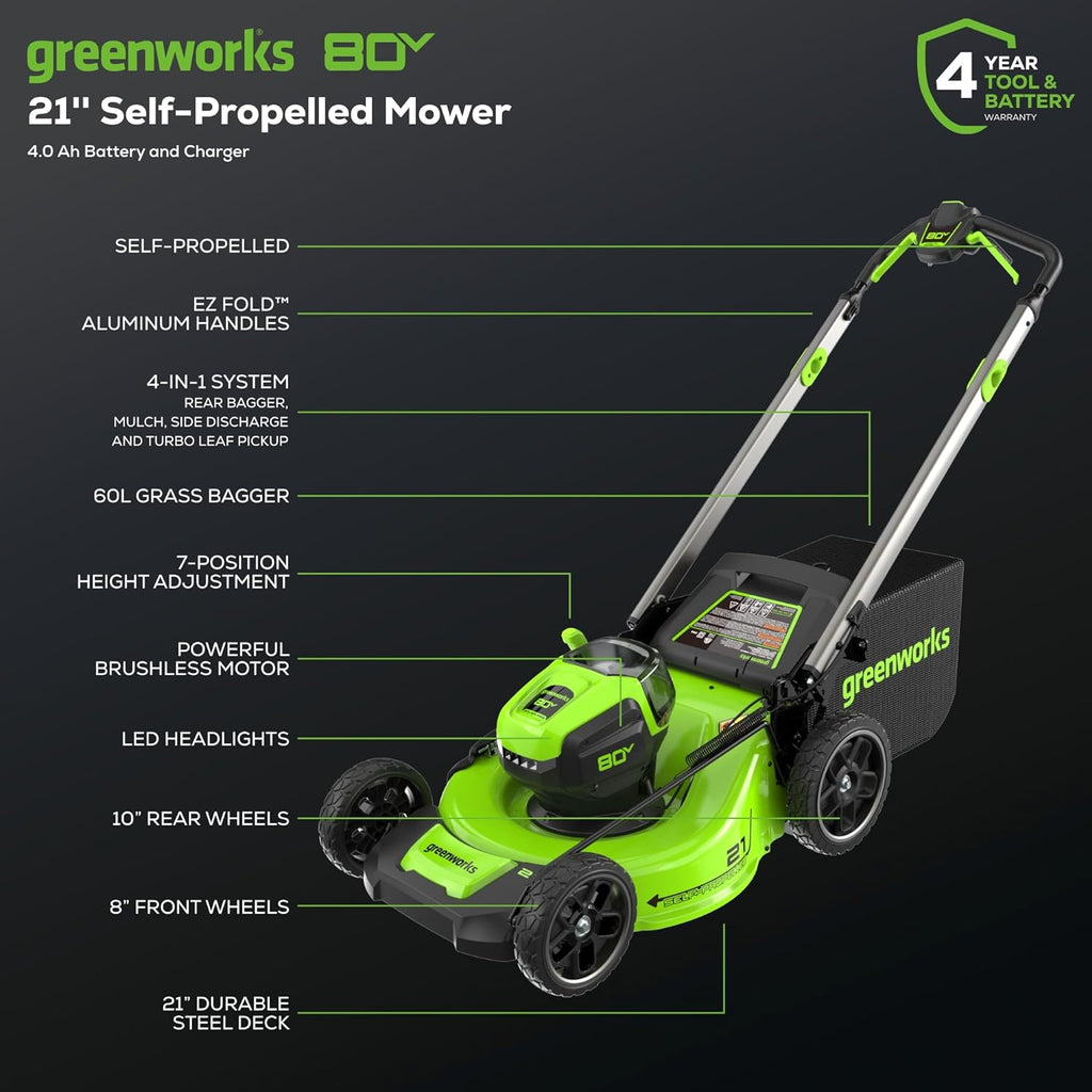 Tondeuse à gazon à gazon sans fil autotractée Greenworks 80V 21 – Moteur sans balais, éclairage LED, batterie 4,0 Ah et chargeur rapide (plus de 75 outils compatibles)