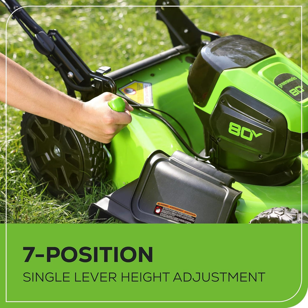 Tondeuse à gazon à gazon électrique sans fil Greenworks 80 V 53 cm (à pousser) + souffleur de feuilles axial (500 CFM) + coupe-bordures 33 cm (75+ outils compatibles) (2) batteries 2,0 Ah et chargeur rapide 30 minutes