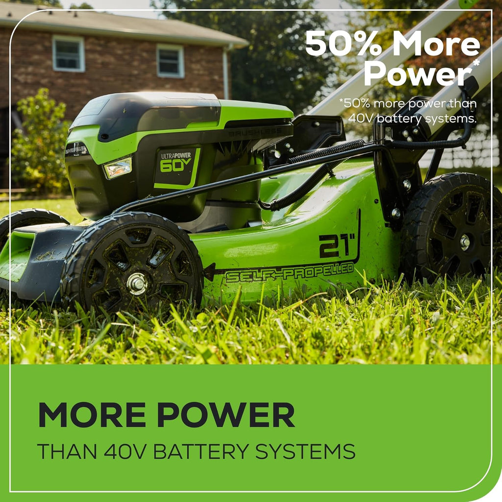 Tondeuse à gazon à gazon sans fil autotractée Greenworks 60V 21 avec moteur sans balais et éclairage LED. Comprend 2 batteries de 4,0 Ah et un chargeur rapide à double port (compatible avec plus de 75 outils, autonomie de 45 minutes).