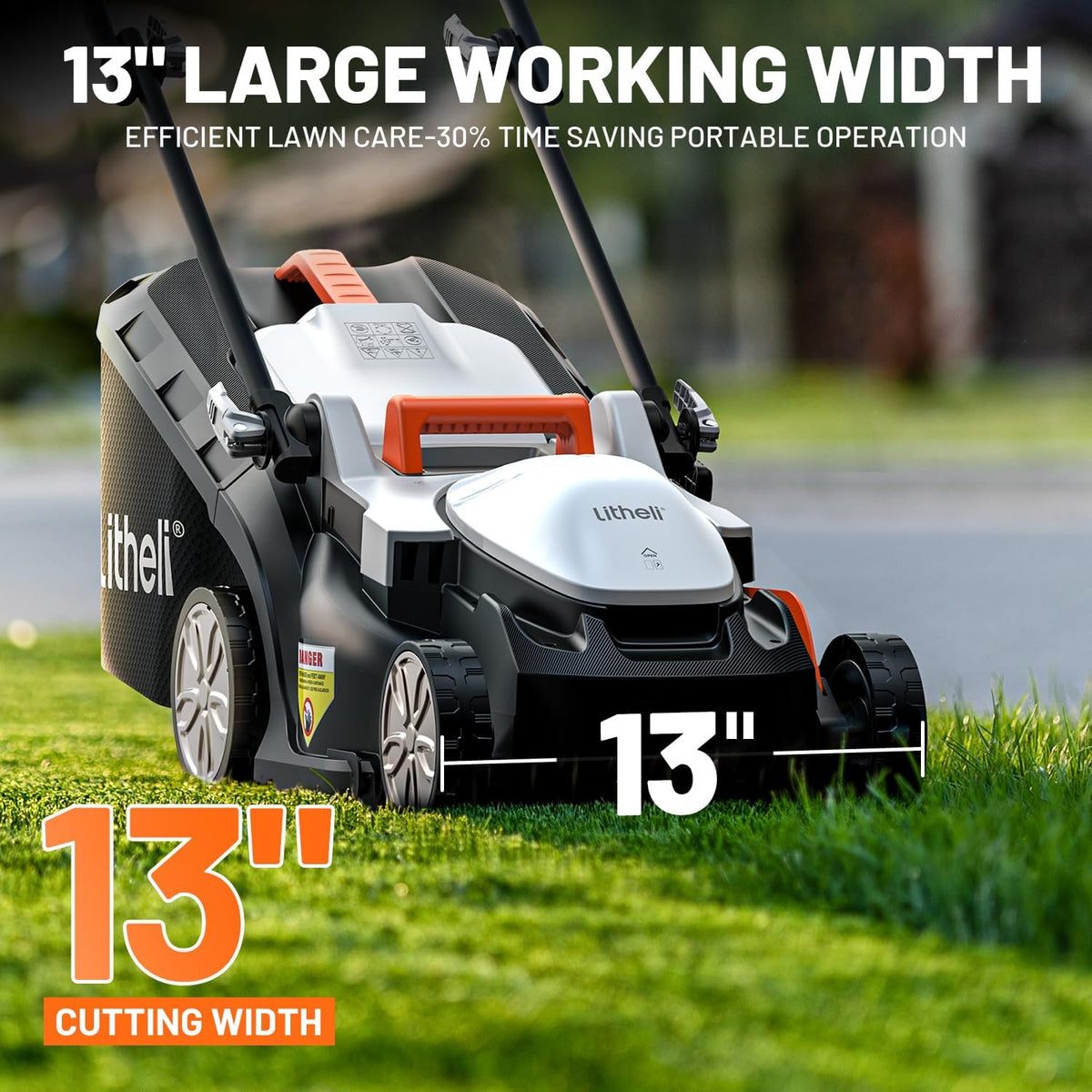 Tondeuse à gazon à gazon électrique sans fil Litheli, pour pelouse de 120 m² (1300 pi²), avec moteur, largeur de coupe de 33,5 cm (13,2 po), capacité du réservoir de 30 litres (8 gallons), hauteur de coupe réglable de 2,5 à 6,5 cm (1 à 2,5 po), batte