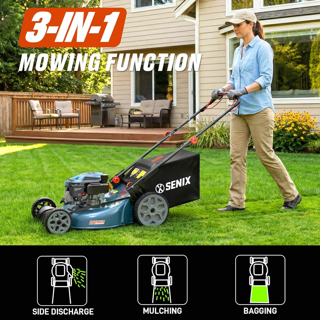 Tondeuse à gazon à gazon à essence SENIX 22" autotractée avec moteur OHV 4 temps de 170 cm³, tondeuse à gazon poussée 3 en 1, réglage de la hauteur de coupe sur 6 positions