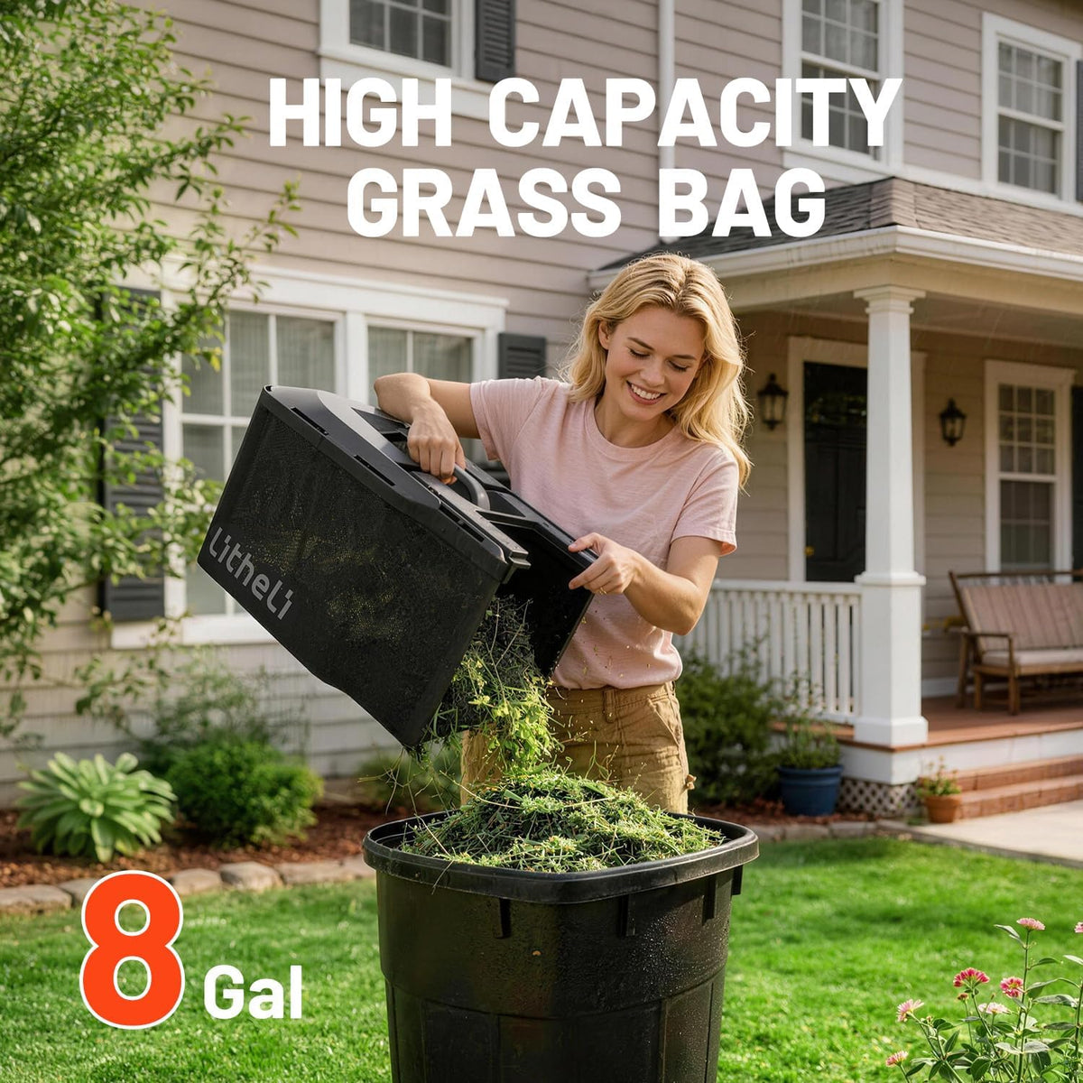 Tondeuse à gazon à gazon sans fil Litheli 14 pouces, tondeuse à pousser à batterie sans balais avec batterie 5,0 Ah, hauteur de coupe réglable sur 5 positions, sac de 8 gallons, coupe-herbe légère pour les jardins de petite et moyenne taille