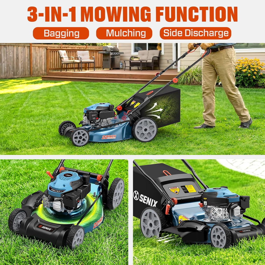 Tondeuse à gazon à gazon à essence SENIX, tondeuse à gazon autotractée de 22 pouces avec moteur OHV 4 temps de 170 cm³, tondeuse à gazon poussée 3 en 1, réglage de la hauteur de coupe sur 6 positions