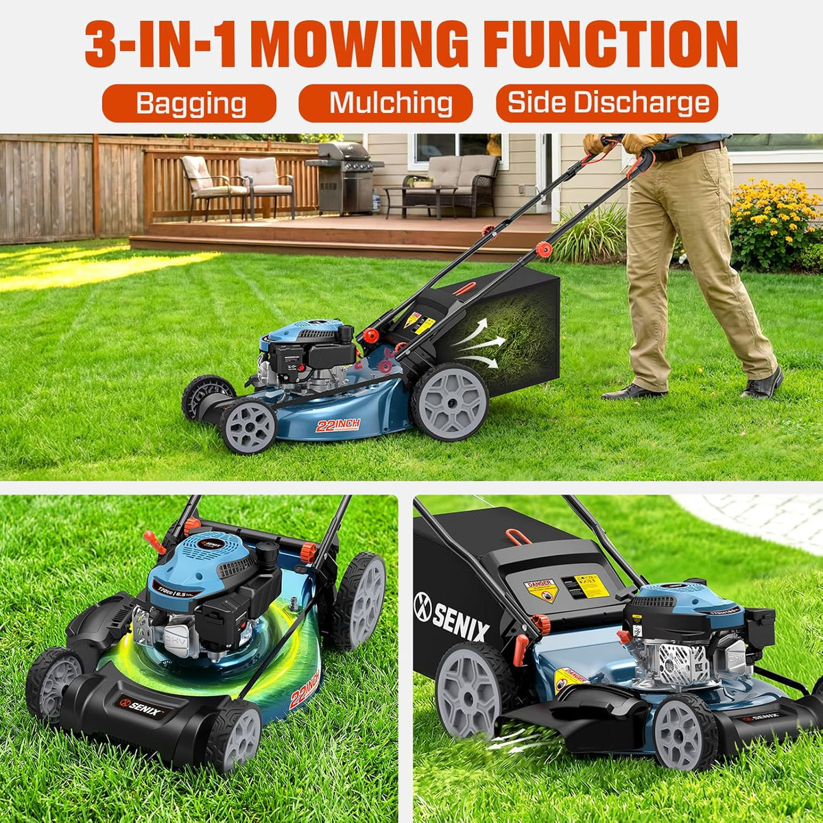 Tondeuse à gazon à gazon à essence SENIX, tondeuse à gazon autotractée de 22 pouces avec moteur OHV 4 temps de 170 cm³, tondeuse à gazon poussée 3 en 1, réglage de la hauteur de coupe sur 6 positions