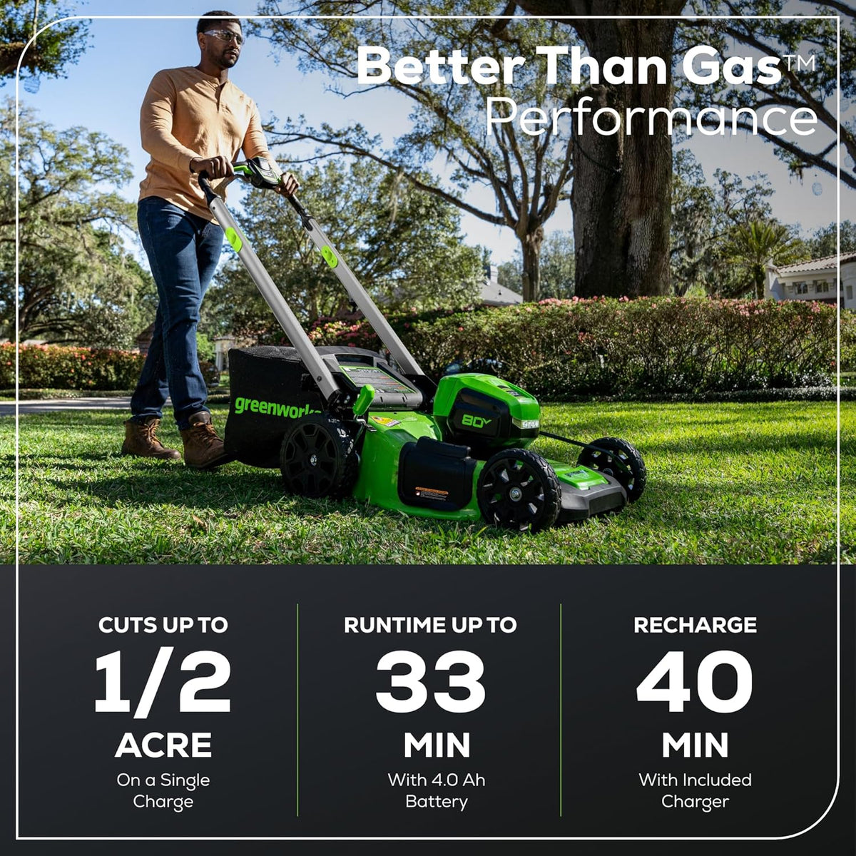 Tondeuse à gazon à gazon sans fil autotractée Greenworks 80V 21 – Moteur sans balais, éclairage LED, batterie 4,0 Ah et chargeur rapide (plus de 75 outils compatibles)
