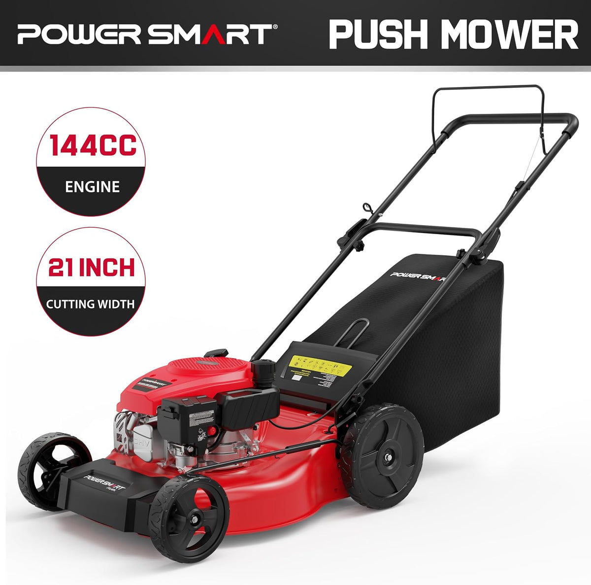 Tondeuse à gazon à gazon poussée PowerSmart 21 2 en 1, moteur 144 cm3, mulching, ramassage, grandes roues, légère et facile à monter, 6 hauteurs de coupe, idéale pour le jardin.