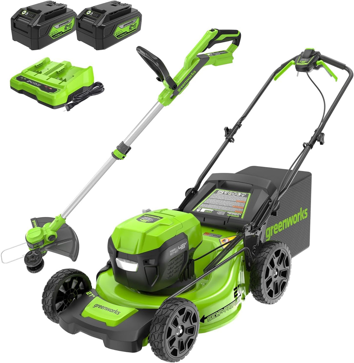 Tondeuse à gazon à gazon autotractée sans fil Greenworks 48 V (2 x 24 V) avec deux (2) batteries USB 5,0 Ah et chargeur ; kit coupe-bordures/dresse-bordures sans fil 24 V (outil seul).