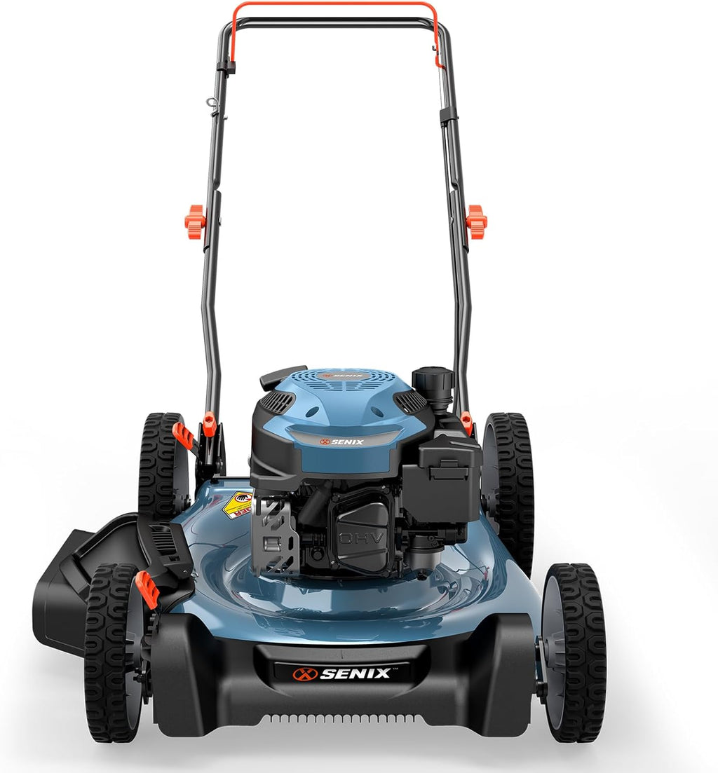 Tondeuse à gazon à gazon à essence SENIX 144 cm³, 53 cm (21 pouces), 2 en 1, poussée avec mulching et éjection latérale, moteur 4 temps, 6 hauteurs de coupe réglables pour jardin et cour.