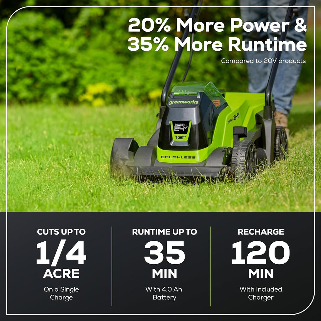 Tondeuse à gazon à gazon sans fil Greenworks 24 V 13" avec batterie 4,0 Ah et chargeur. Tondeuse à pousser sans entretien avec fonction mulching/ramassage 2 en 1.