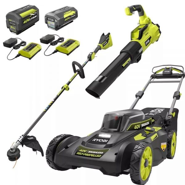 Tondeuse à gazon à gazon autotractée 40 V sans balais de 50 cm (20 po) avec coupe-bordures et souffleur de feuilles, livrée avec 2 batteries et 2 chargeurs.